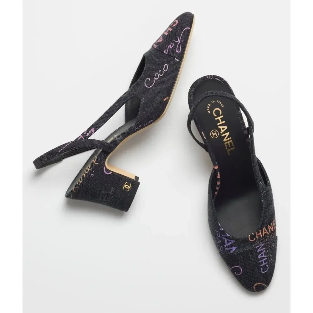 Chanel 22P Mademoiselle Coco Sling Black Grey Denim Slingback Sandal Heel 37.5 - Picture 5 of 12